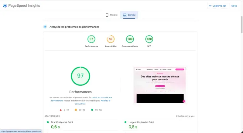 PageSpeed Insights pour bureau montre un score de 97/100 en performances, idéal pour un meilleur site WordPress.