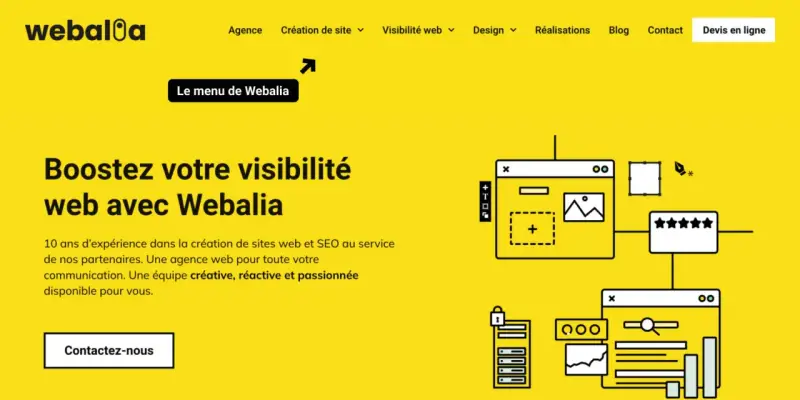 Le menu déroulant WordPress de Webalia, une agence web, propose des services pour booster votre visibilité en ligne.