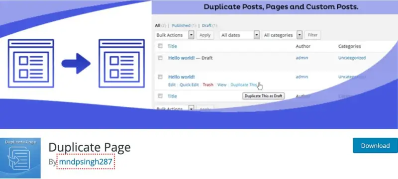 Icône montrant la duplication d'un article WordPress. L'interface WordPress affiche des options pour dupliquer un article.