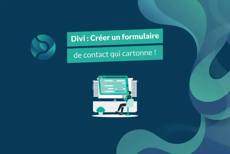 Illustration d'un formulaire de contact Divi sur un écran, avec une personne assise devant.