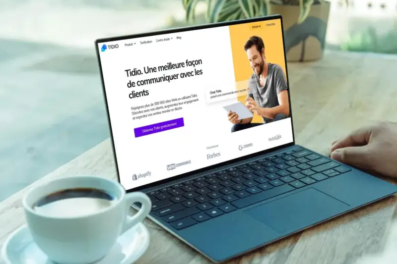 Un homme souriant utilise un logiciel de chat gratuit sur une tablette, montrant une interface de communication client sur un ordinateur portable.