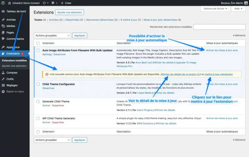 Tableau de bord WordPress : une extension "Auto Image Attributes" nécessite une mise à jour. Le changelog indique une nouvelle version disponible.